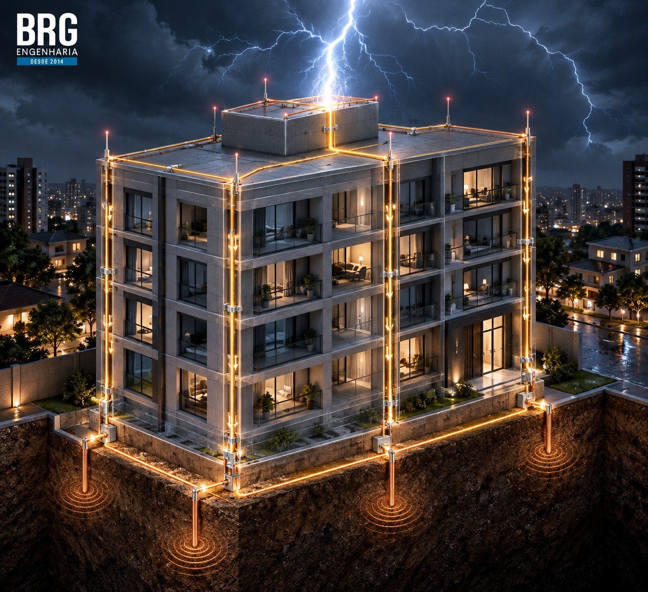 Sistema de SPDA em edificação com proteção contra descargas atmosféricas